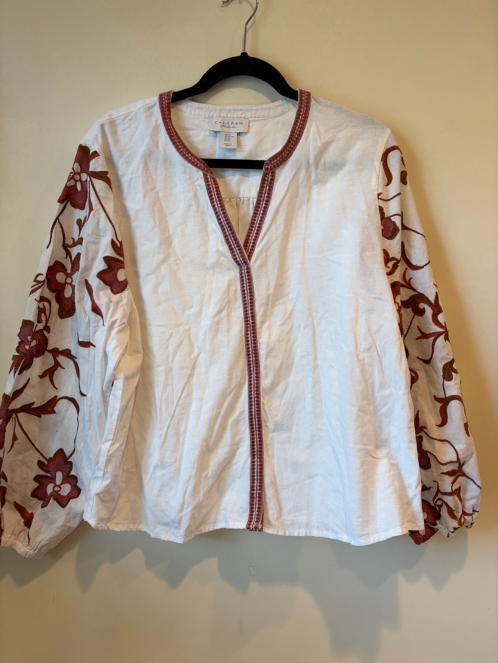 Calypso St. Barth White Tunic with Rust Floral Embroidery